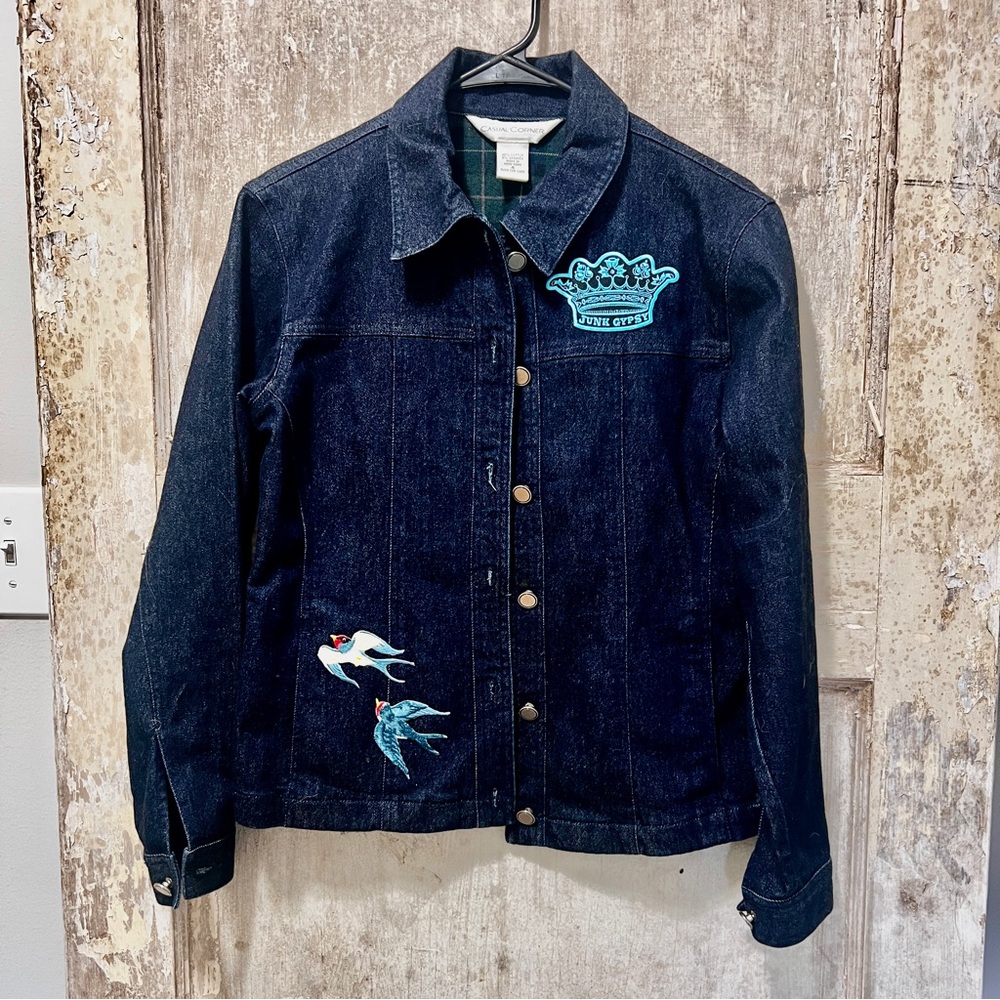 Embellished blue jean jacket up cycle repurposed Junk Gypsy denim patches CUTE!